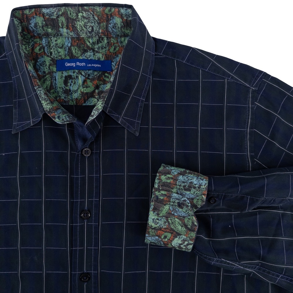 Georg Roth Mens Large Button Up Navy Blue Grid Contrast Flip Cuff Designer Shirt